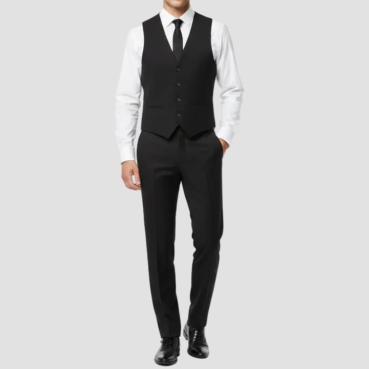 Boston’s black Dorset vest in slim fit with V‑neck and satin lining.