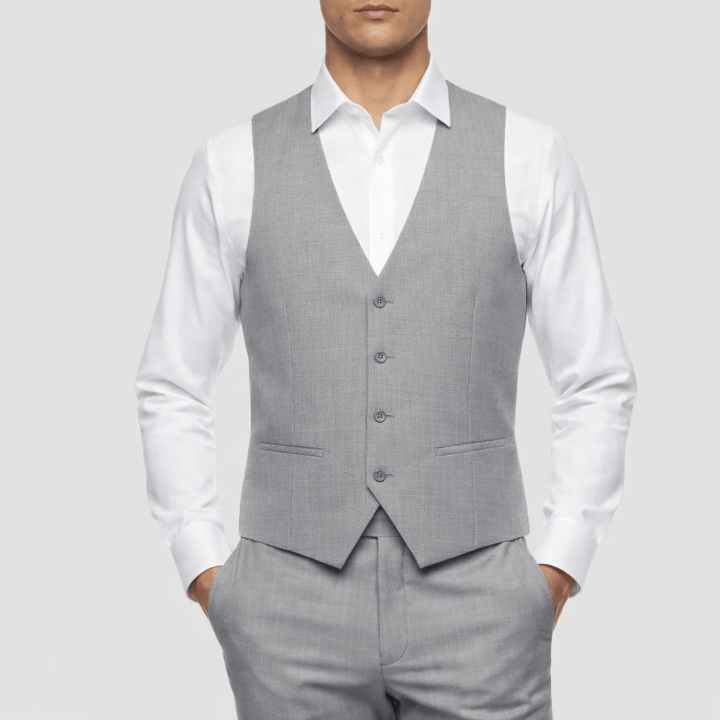 Boston’s grey Dorset vest in slim fit with V‑neck and satin lining.