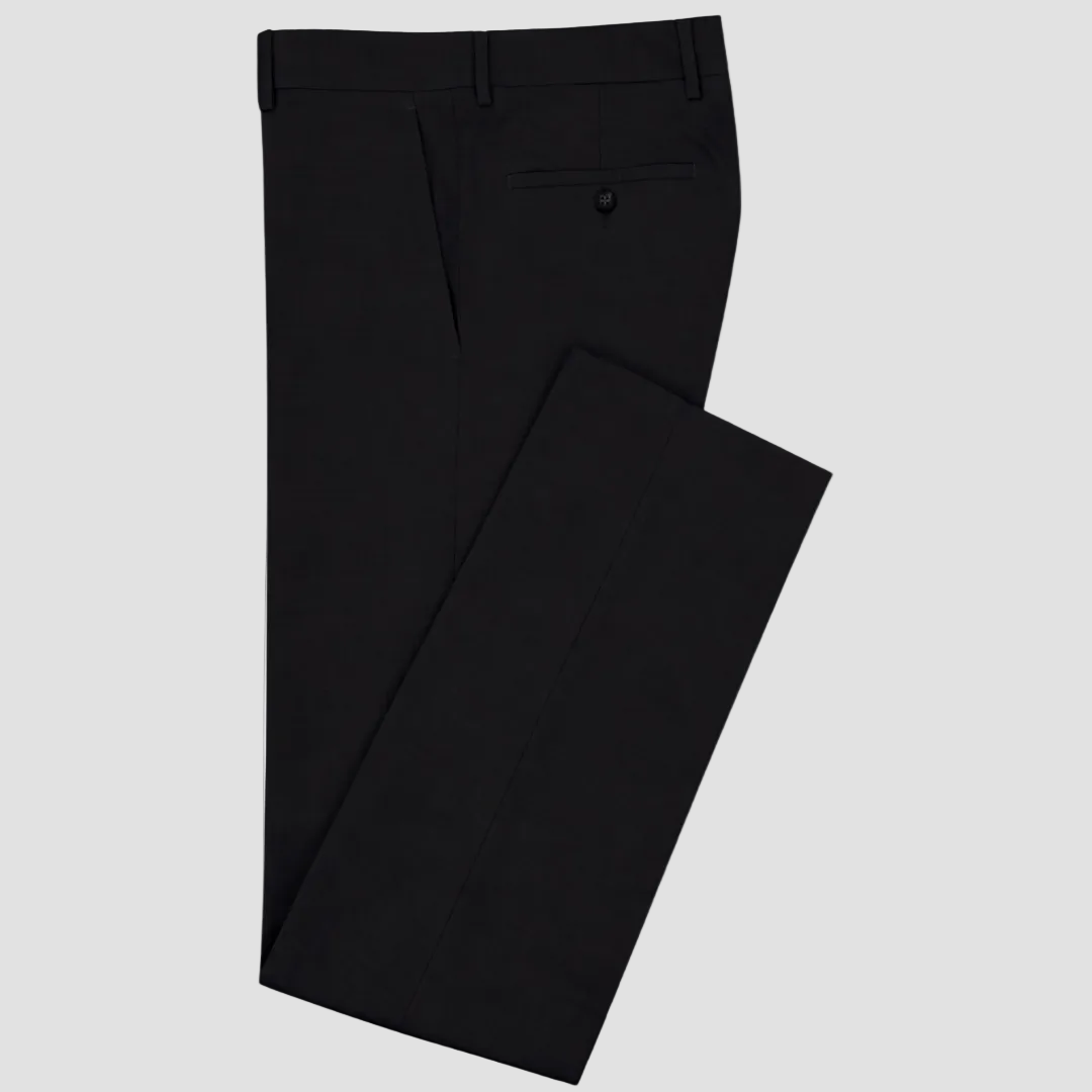 Boston’s Edward black trousers in a slim leg with breathable merino wool and clean tailoring. 