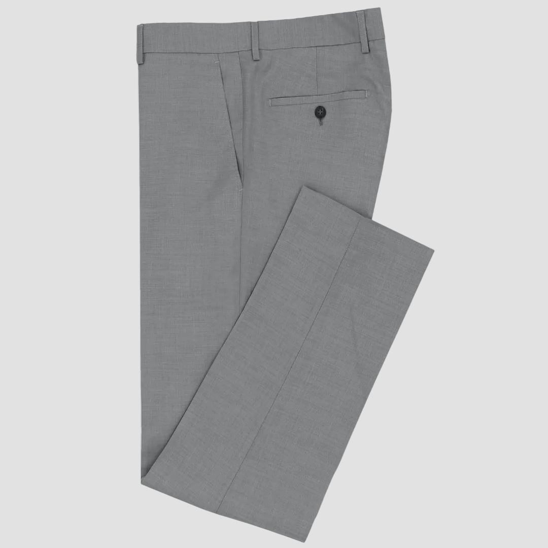 Boston’s Edward grey trousers in a slim leg with breathable merino wool and clean tailoring. 
