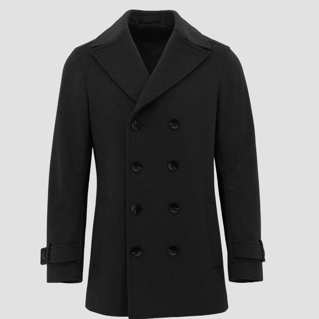 Boston’s Peabody black coat in a refined double‑breasted silhouette with strapped cuffs, back belt and oversized lapels.