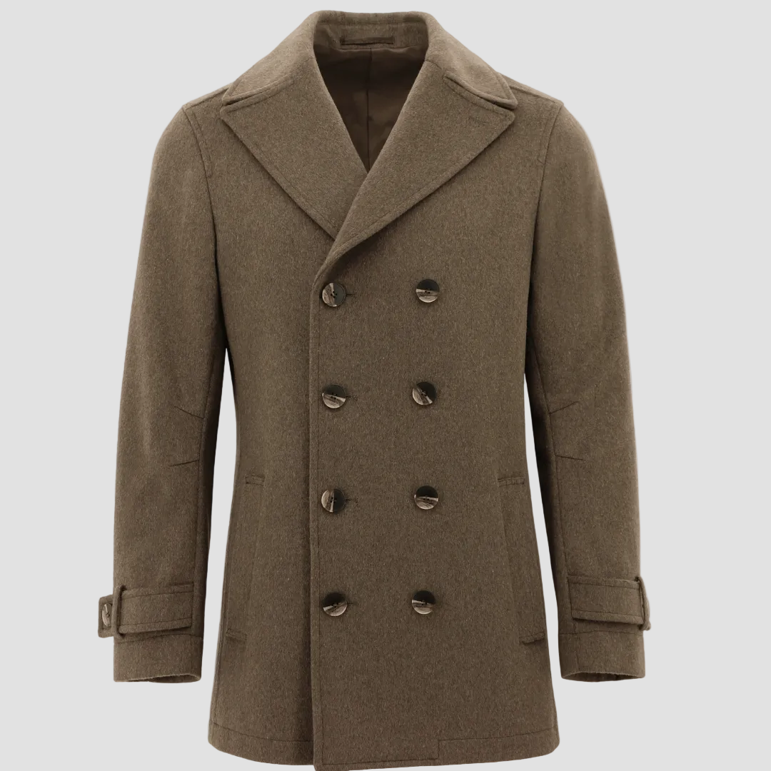Boston’s Peabody coffee coat in a refined double‑breasted silhouette with strapped cuffs, back belt and oversized lapels.