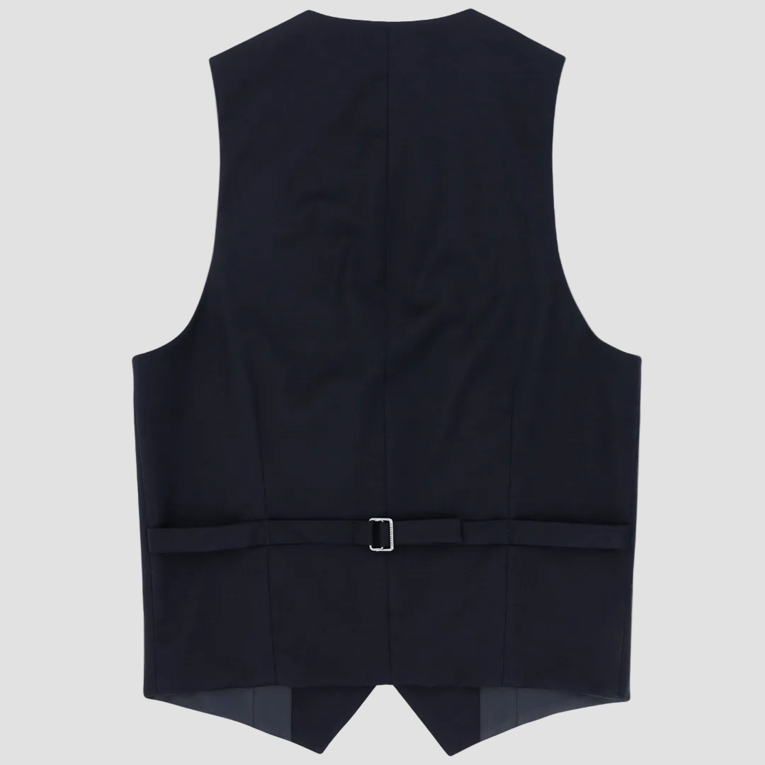 Boston’s navy Dorset vest in slim fit with V‑neck and satin lining.