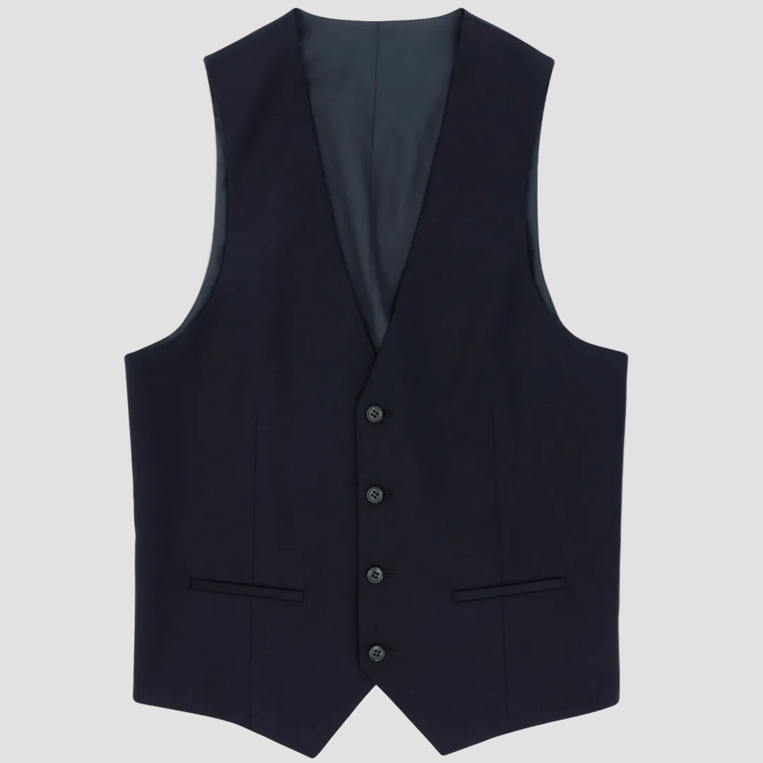 Boston’s navy Dorset vest in slim fit with V‑neck and satin lining.