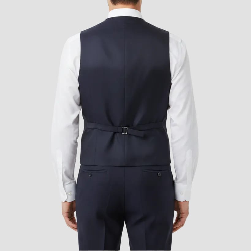 Boston’s navy Dorset vest in slim fit with V‑neck and satin lining.