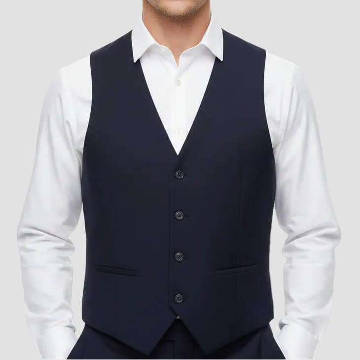 Boston’s navy Dorset vest in slim fit with V‑neck and satin lining.