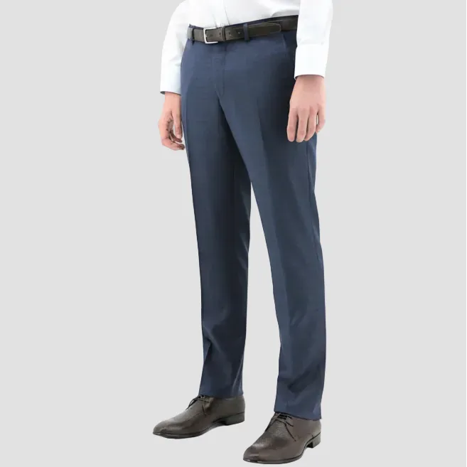 Boston’s Edward navy trousers in a slim fit with merino wool breathability and clean tailoring.
