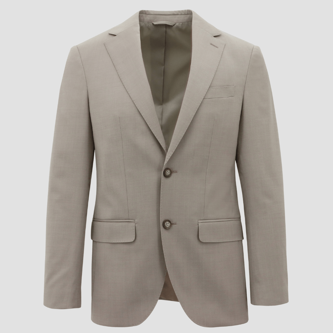 Men’s Lazio beige suit by Boston, crafted in a stretch merino wool blend with sharp tailoring and slim trousers.