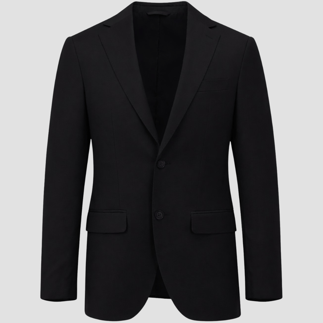 Men’s Lazio black suit by Boston, crafted in a stretch merino wool blend with sharp tailoring and slim trousers.
