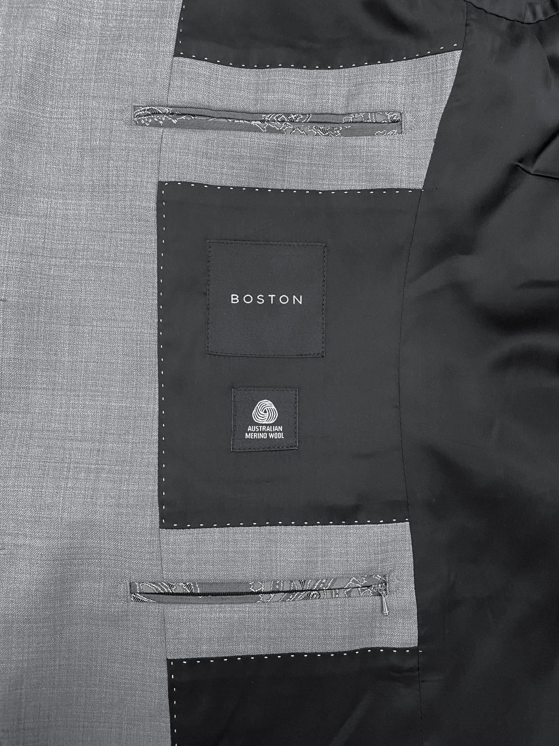 Men’s Lazio grey suit by Boston, crafted in a stretch merino wool blend with sharp tailoring and slim trousers.