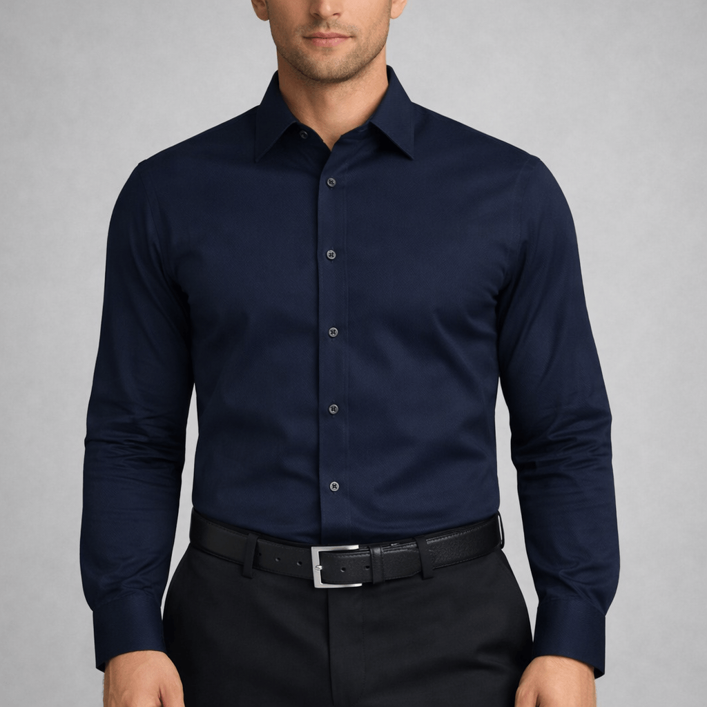 Boston’s Liberty navy business shirt in a modern slim fit with classic collar and tailored darts. 