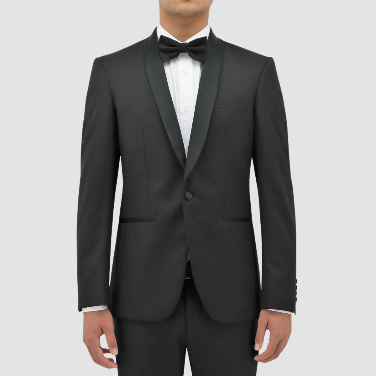 Men’s black shawl‑lapel tuxedo by Boston, crafted in textured merino wool with satin detailing and slim‑fit trousers.