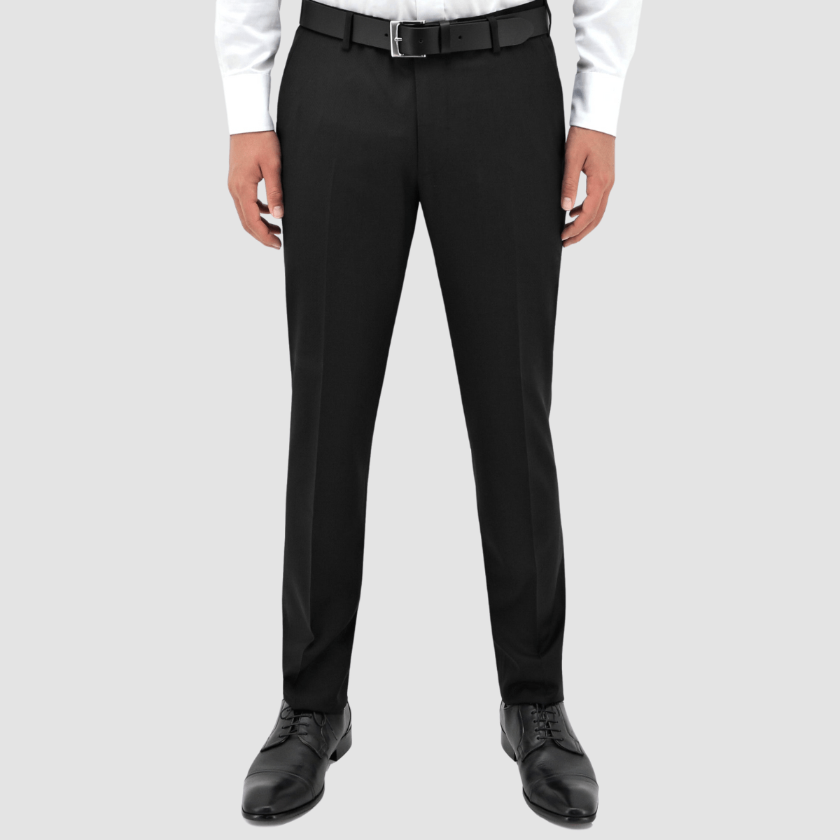 Men’s black shawl‑lapel tuxedo by Boston, crafted in textured merino wool with satin detailing and slim‑fit trousers.
