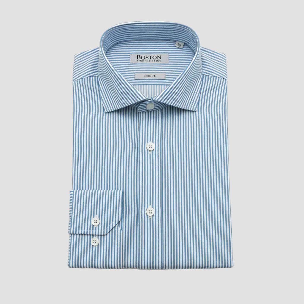 Blue striped shirt with 'Boston' label in clear packaging