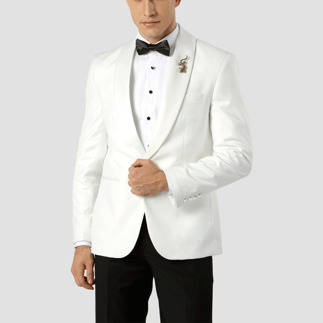 Boulvandre Slim Fit Mens Satin Lapel Dinner Jacket in Ivory