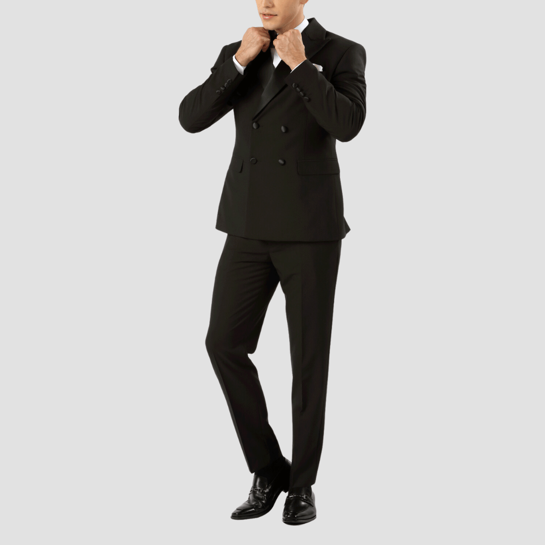 Boulvandre Mens Slim Fit Double Breasted Satin Lapel Tuxedo in Black