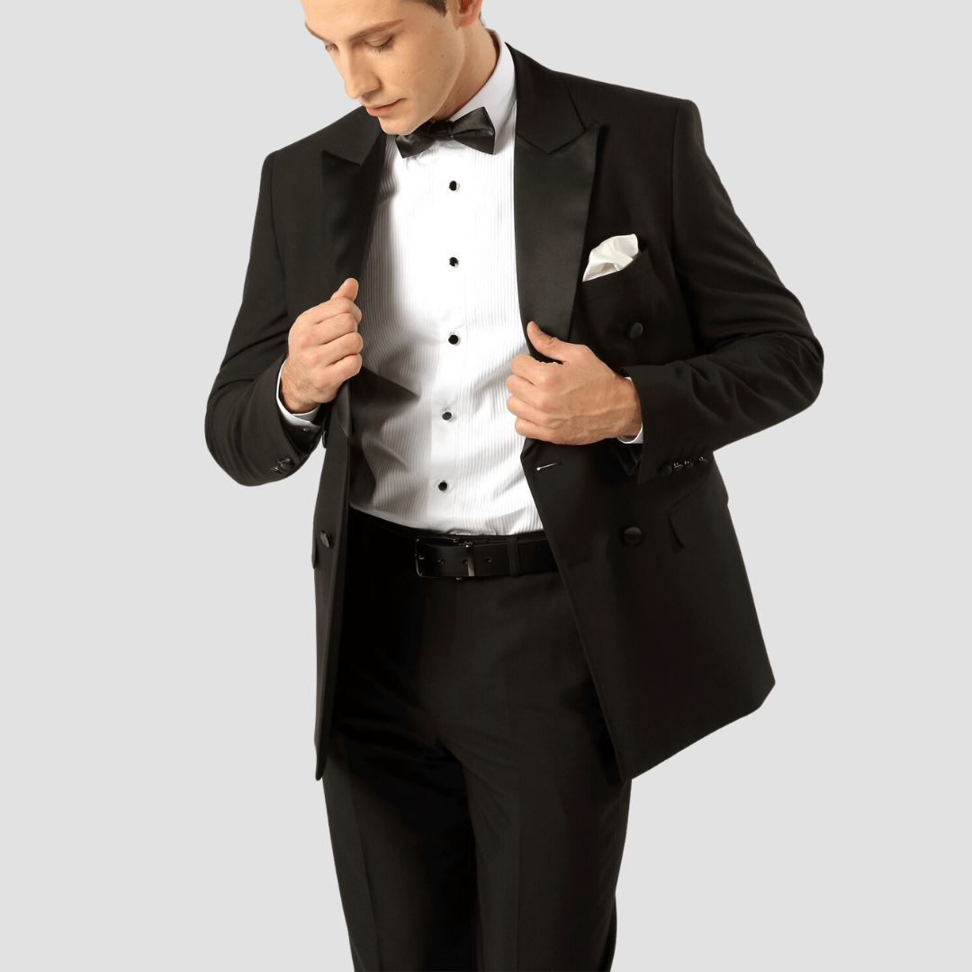 Boulvandre Mens Slim Fit Double Breasted Satin Lapel Tuxedo in Black - Big Mens Sizes