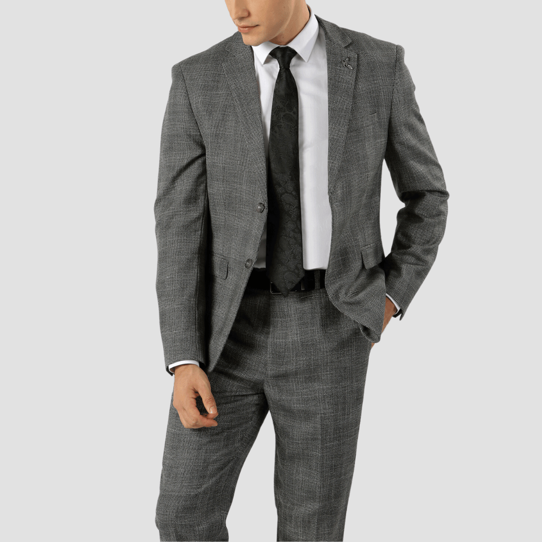 Boulvandre Mens Slim Fit Textured Check Suit in Steel Grey Big Man Sizes