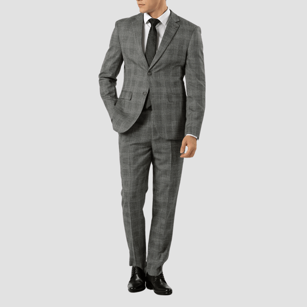 Boulvandre Mens Slim Fit Textured Check Suit in Steel Grey