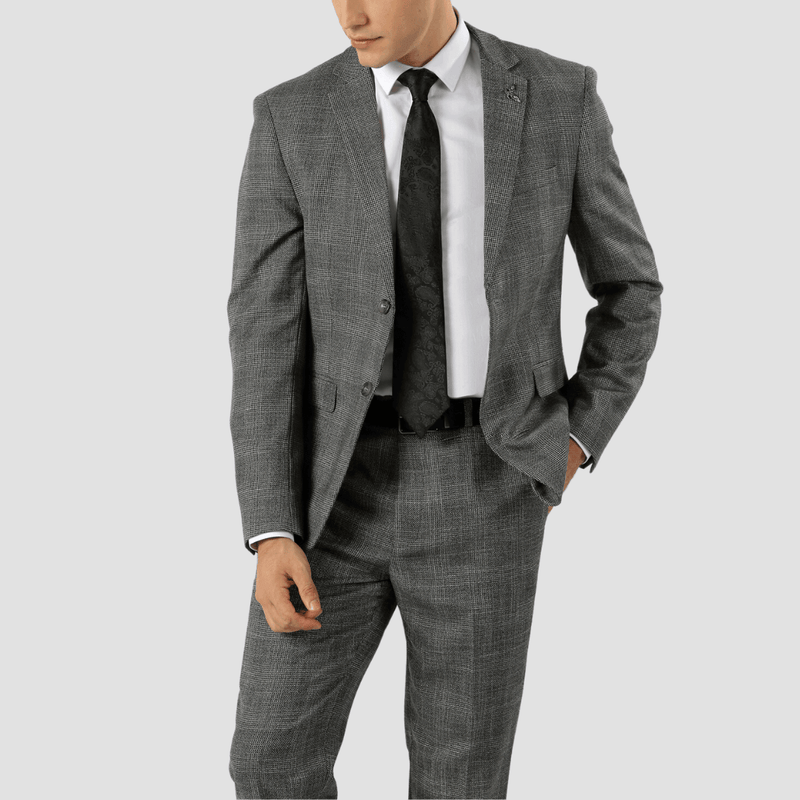 Boulvandre Mens Slim Fit Textured Check Suit in Steel Grey
