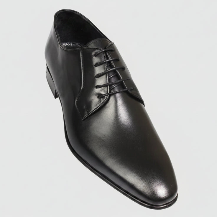 Men’s Ellis Derby shoes by Brando, crafted from polished leather with a chisel toe and stacked heel.