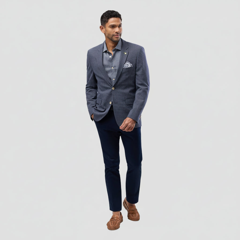 The Brooksfield Mens Textured Yarn Dye Sports Jacket in Navy paired with black pants