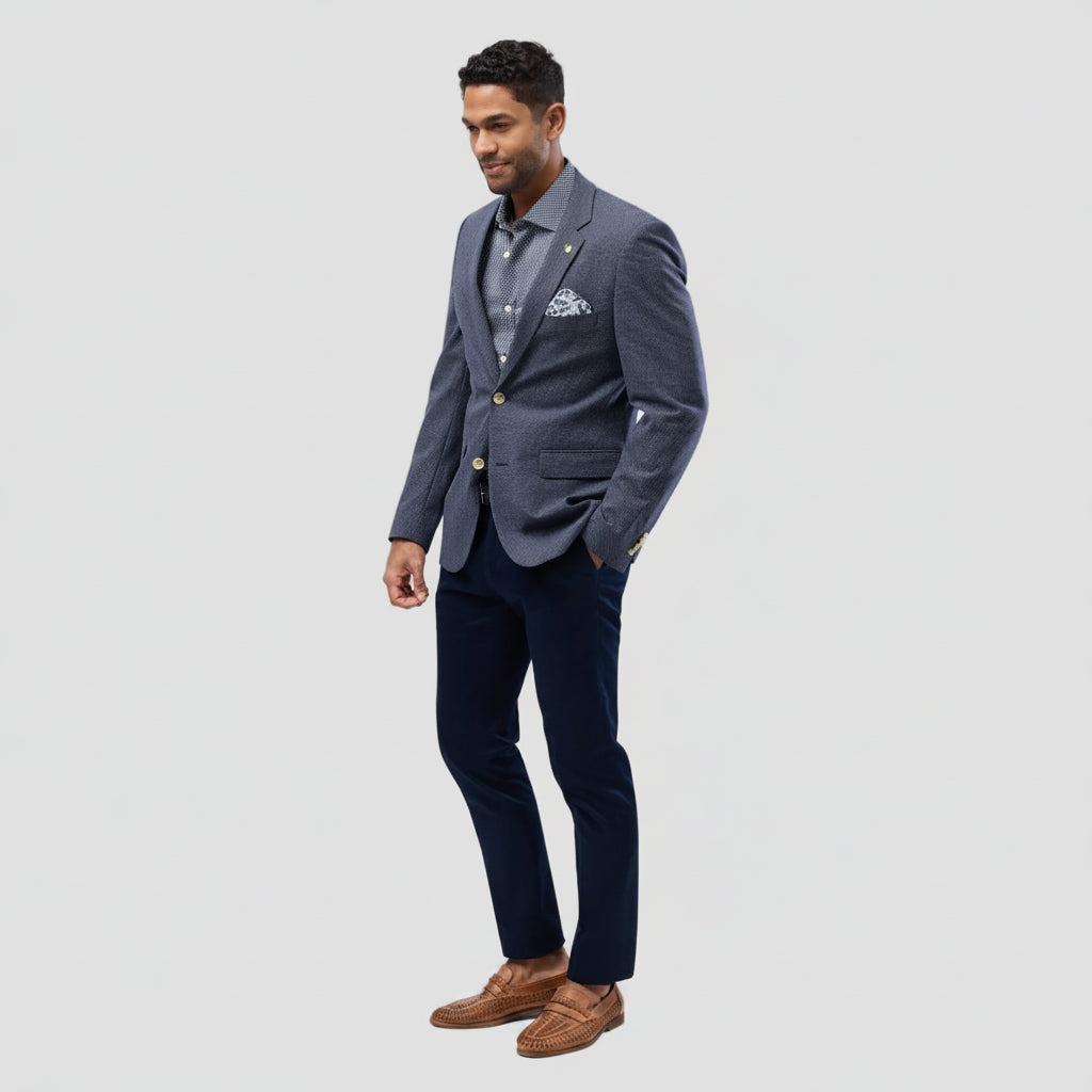 The Brooksfield Mens Textured Yarn Dye Sports Jacket in Navy paired with trousers