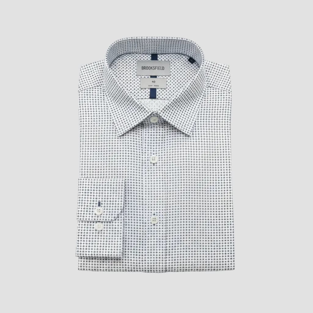 white shirt with navy pattern