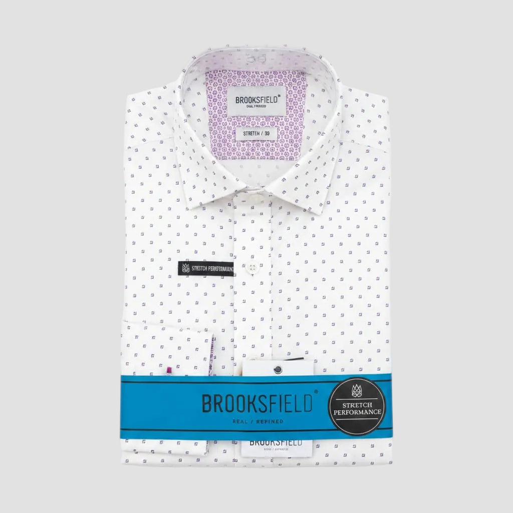 White shirt with black pattern in brand label visible