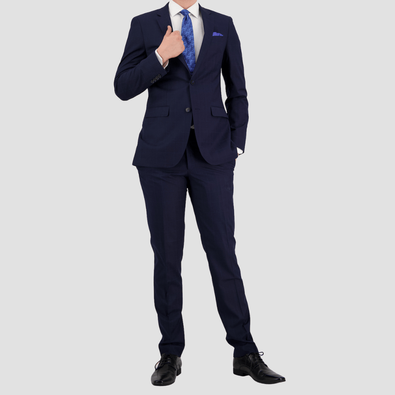 Bruton Tailored Fit Mens Abram Suit in Navy Check FT1
