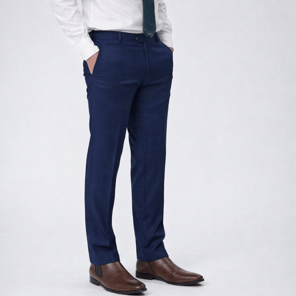 Bruton Jesse/Noah Navy Cornerstone Trouser—check design.