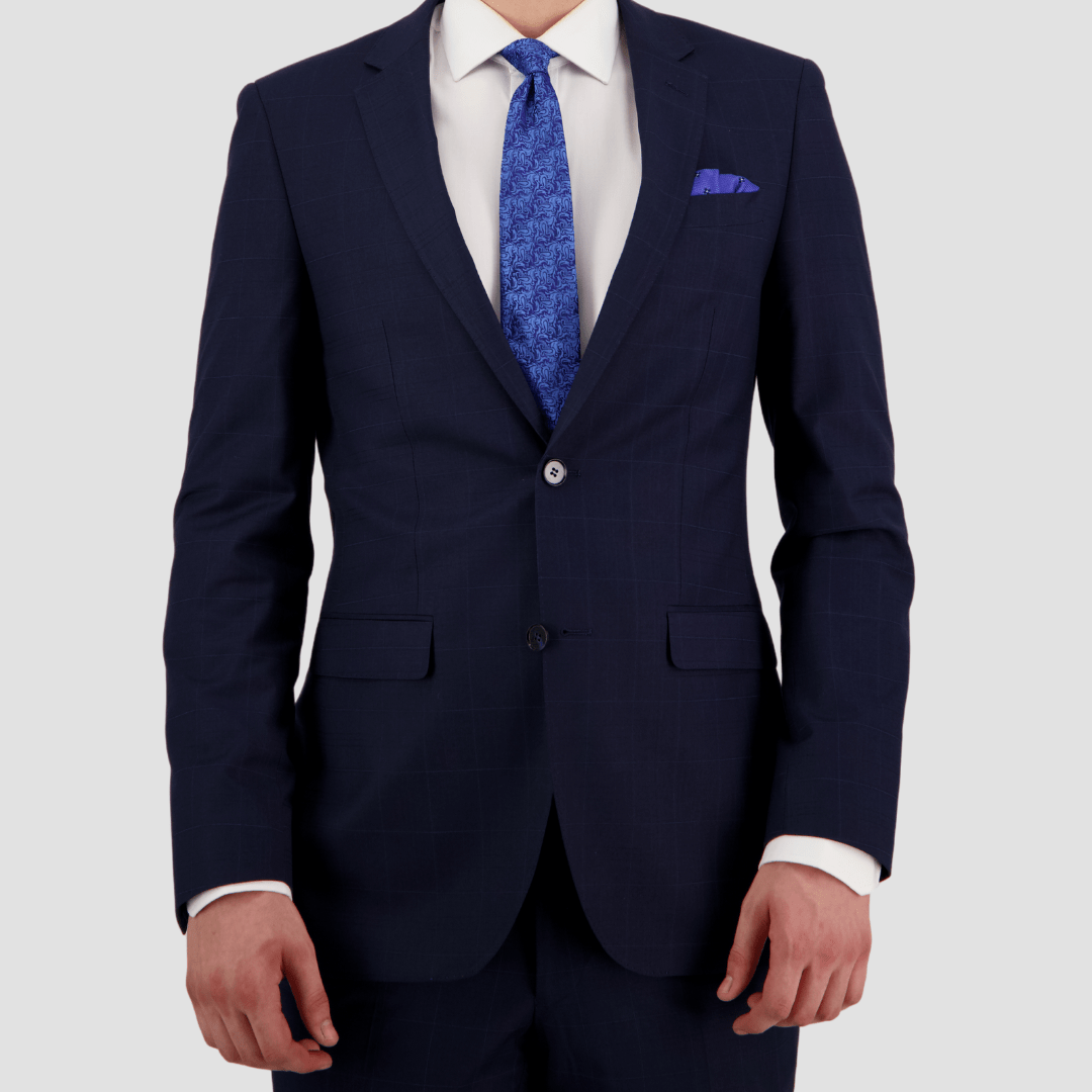 Abram Cornerstone Big Men’s Navy Suit—check design, slim fit jacket and classic trouser.