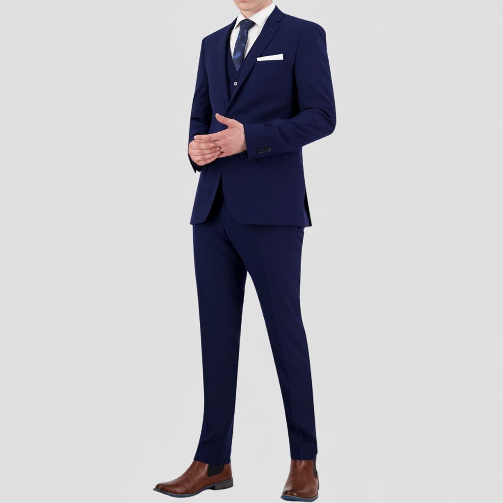 Bruton’s David Keystone slim‑fit blue suit with performance finish.