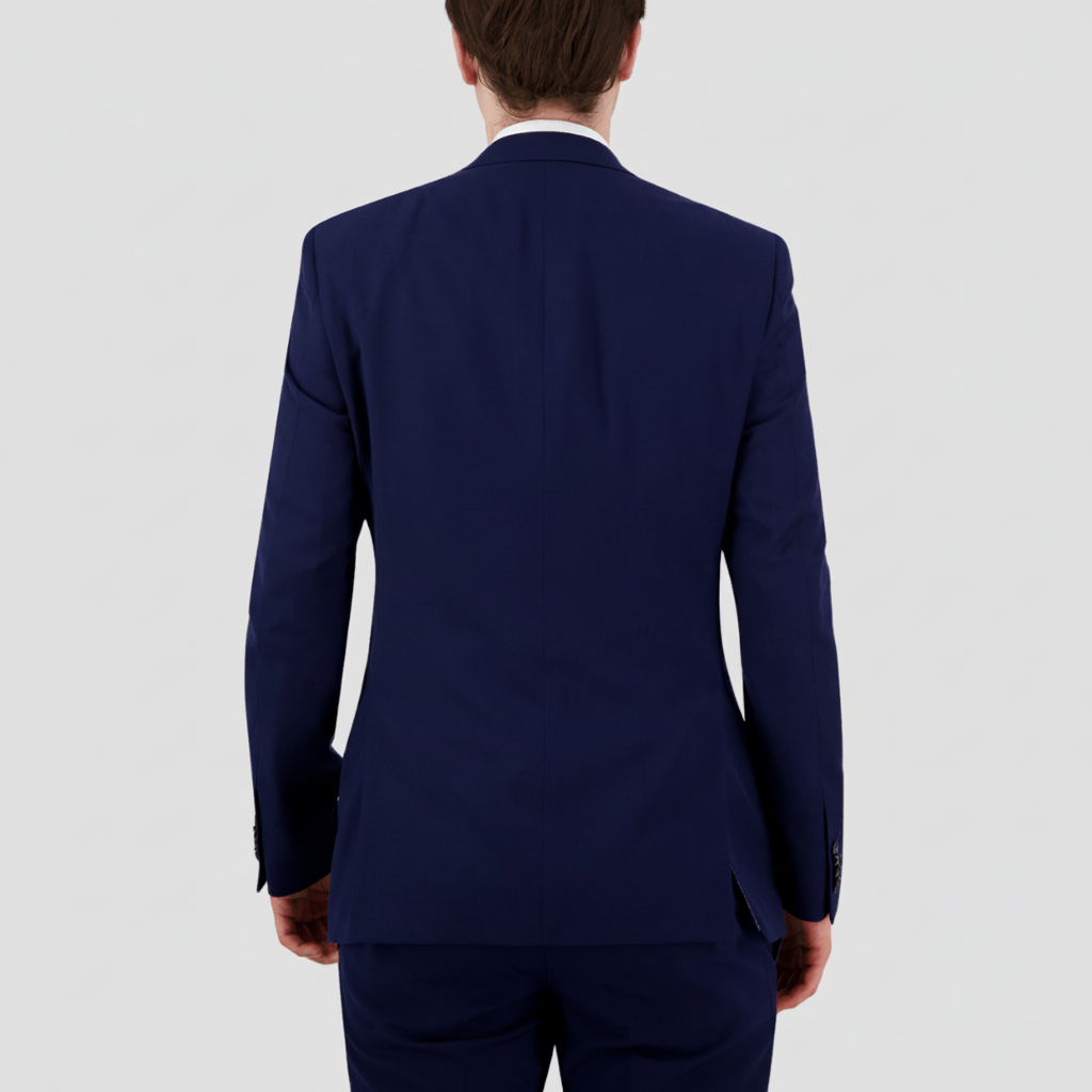 Bruton’s David Keystone slim‑fit blue suit with performance finish.