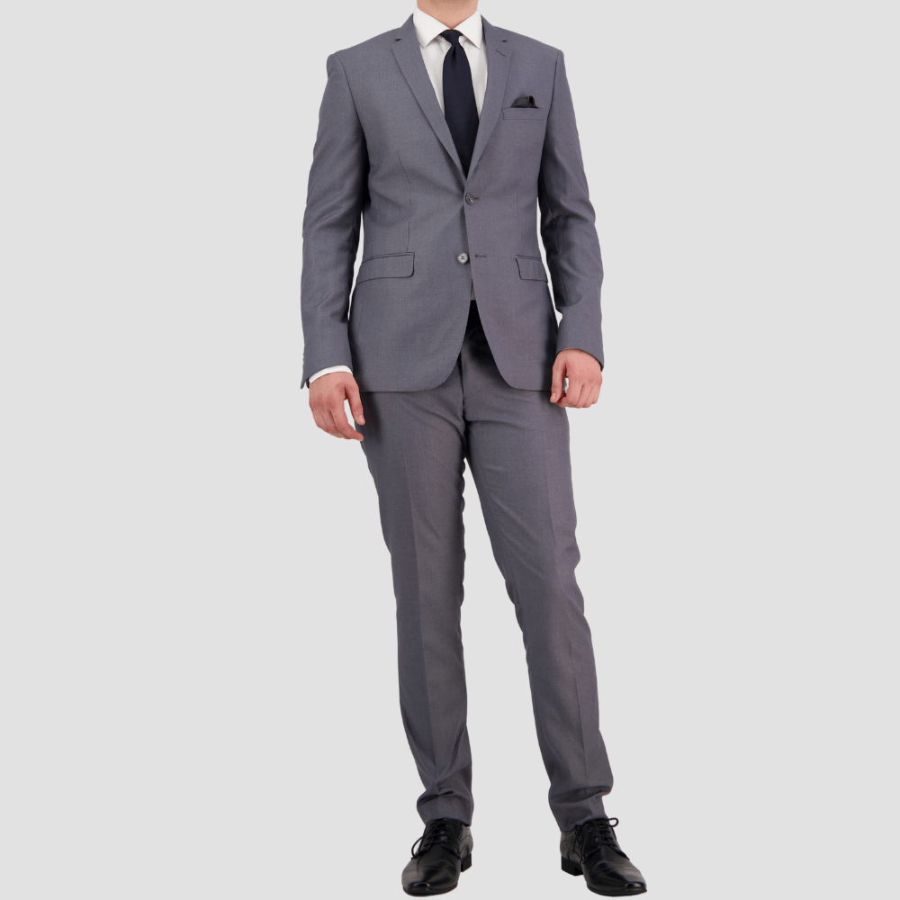 Bruton’s David Keystone slim‑fit grey suit with performance finish.