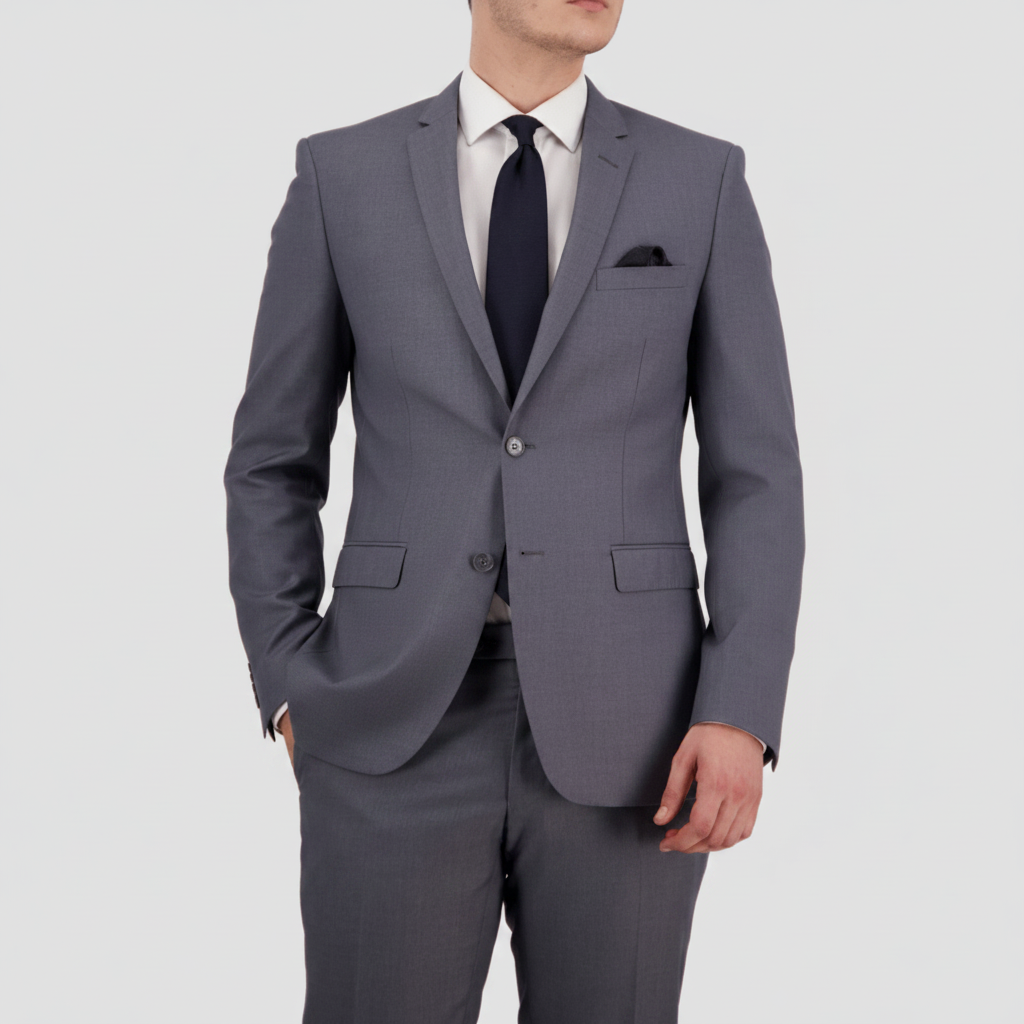 Bruton’s David Keystone slim‑fit grey suit with performance finish.