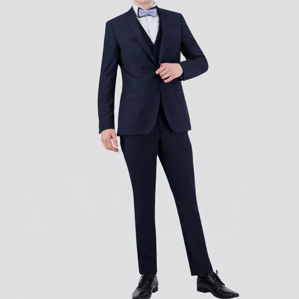 Bruton’s David Keystone slim‑fit navy suit with performance finish.