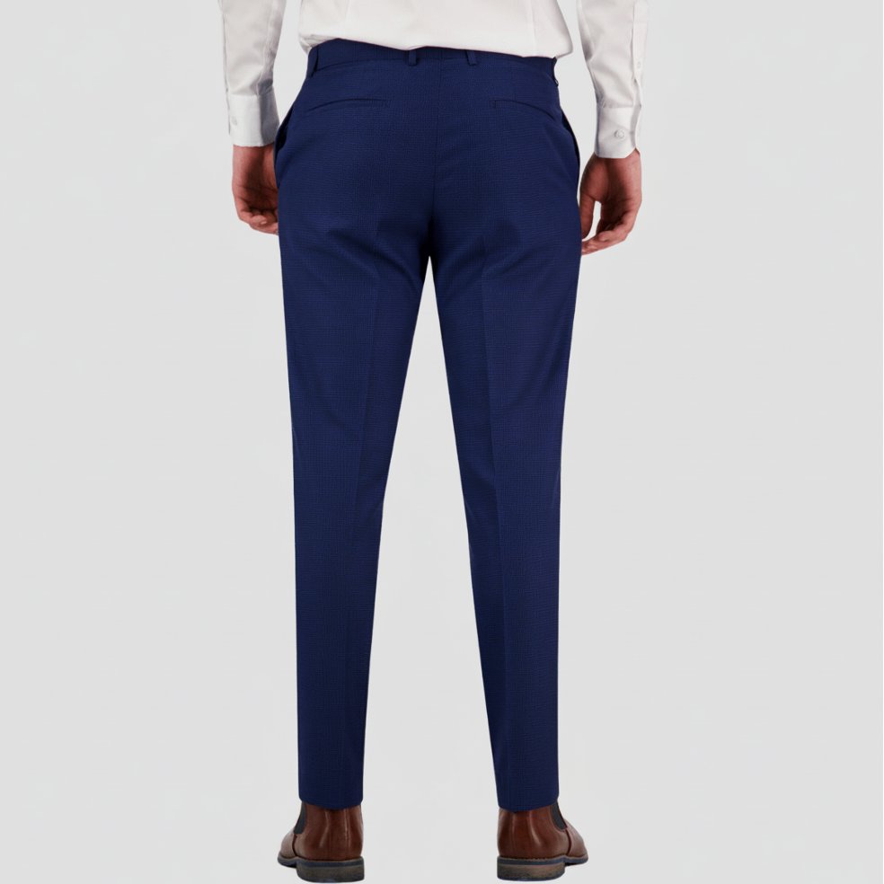 Slim‑fit blue-black houndstooth suit trousers by Bruton.