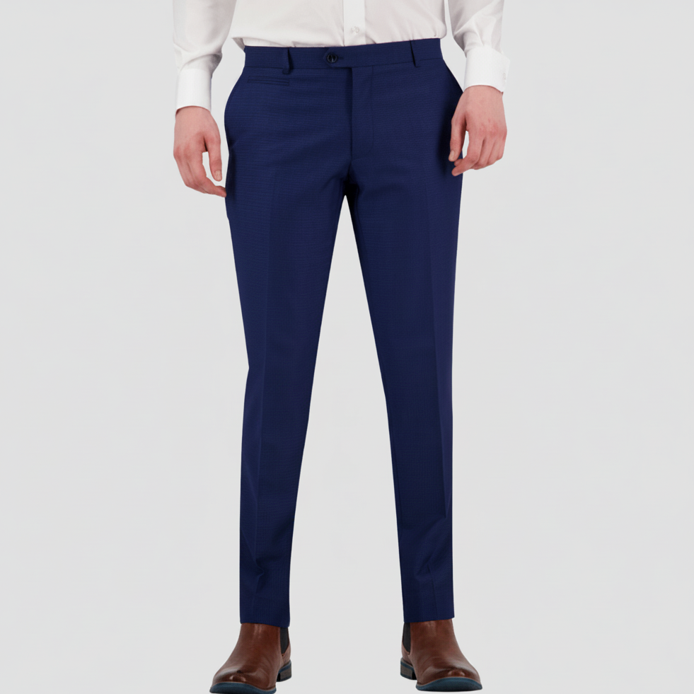 Slim‑fit blue-black houndstooth suit trousers by Bruton.