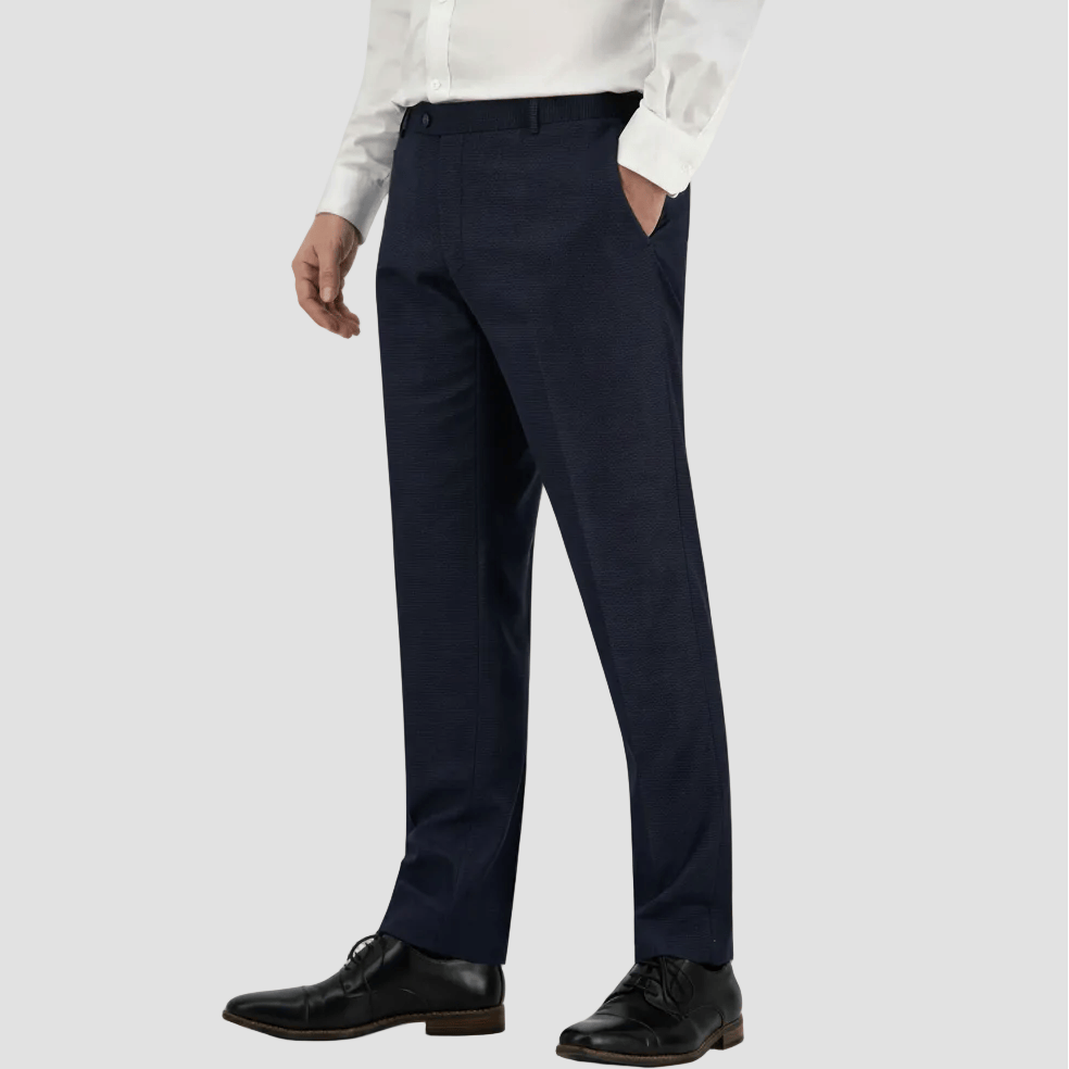 Slim‑fit charcoal‑blue houndstooth suit trousers by Bruton