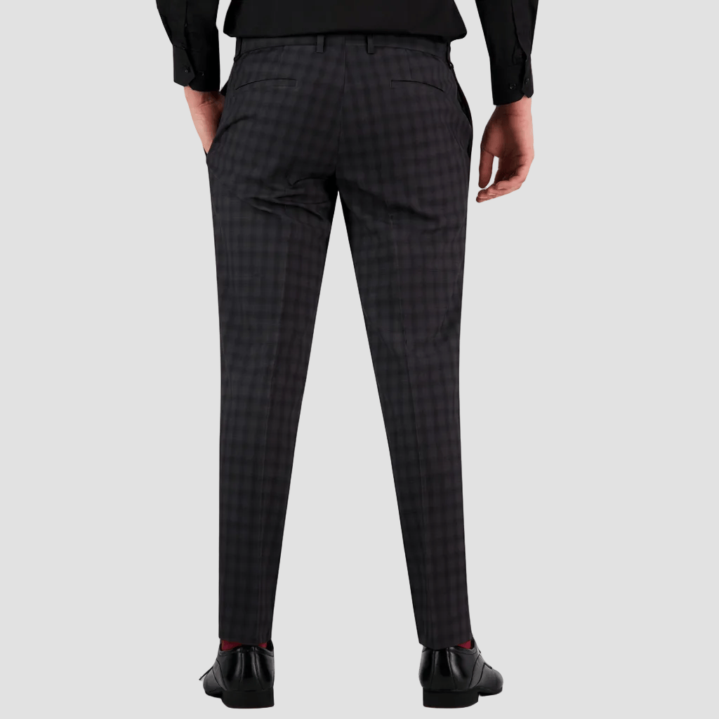 Modern grey‑check slim trousers by Bruton, crafted with a performance finish for business or event wear.