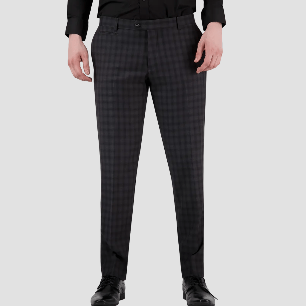 Modern grey‑check slim trousers by Bruton, crafted with a performance finish for business or event wear.