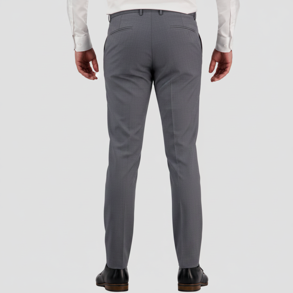 Refined slim‑fit grey Keystone trousers featuring a unique silver marl fibre mix, soft yet structured tailoring, and performance finish.