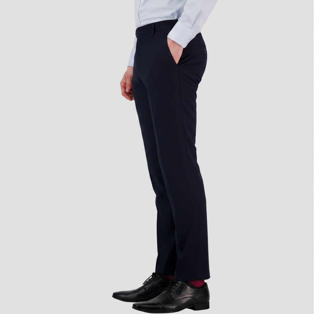 Bruton’s Jesse Keystone slim‑fit navy trousers, half lined with a finished leg and soft‑structured feel.