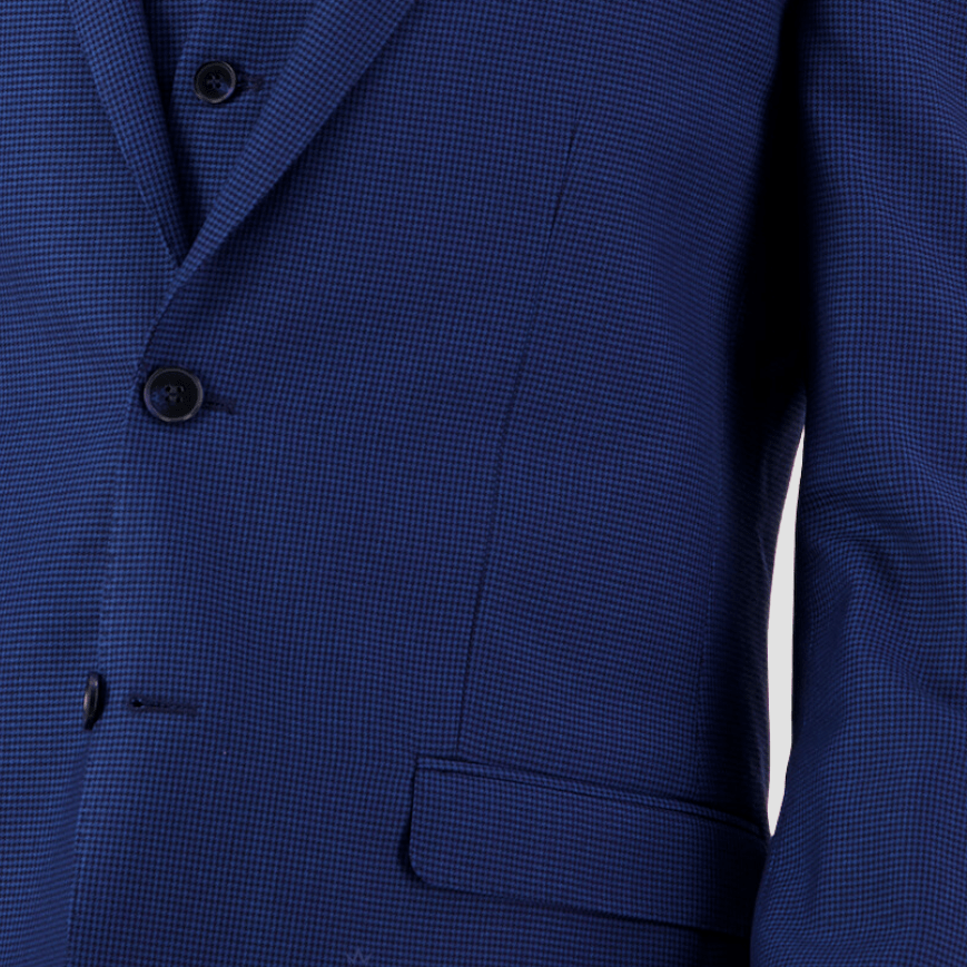 Bruton’s Jose Jadestone slim‑fit blue-black houndstooth suit with performance finish, tailored jacket and trousers.