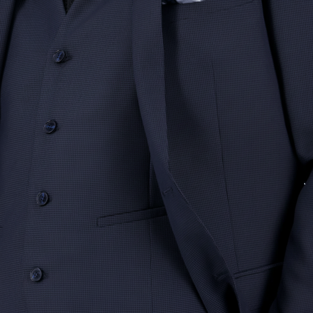 Bruton’s Jose Jadestone slim‑fit charcoal‑blue houndstooth suit with performance finish, tailored jacket and trousers.