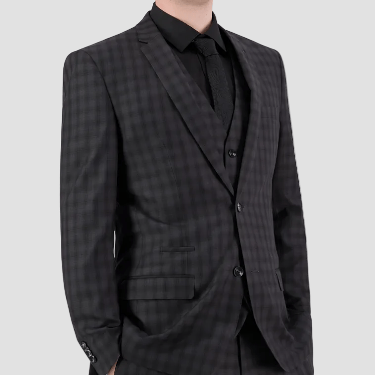 Sophisticated slim‑fit grey check suit by Bruton, featuring a two‑button jacket and finished‑leg trousers.