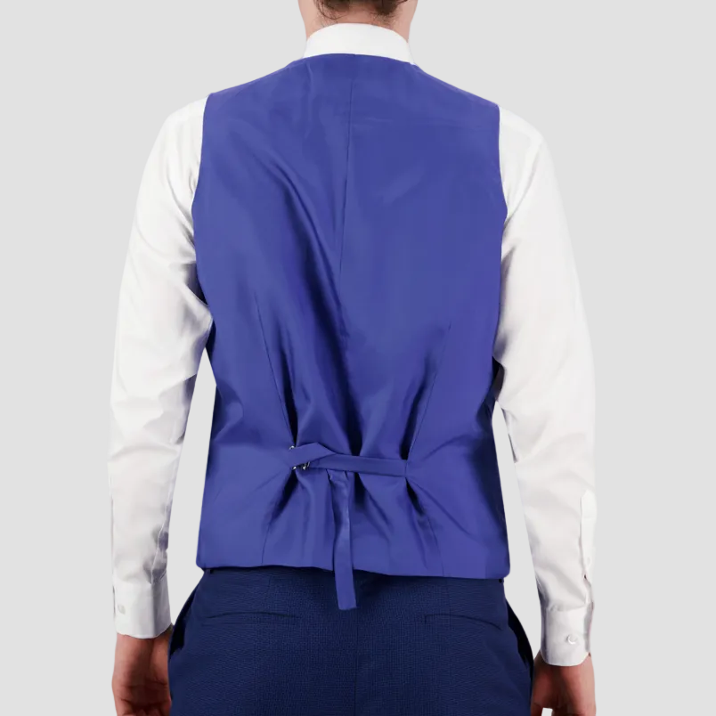 Slim‑fit blue houndstooth suit vest by Bruton with four‑button front and adjustable back. 