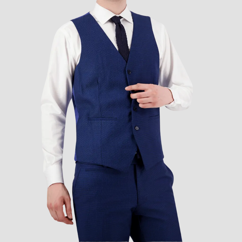 Slim‑fit blue houndstooth suit vest by Bruton with four‑button front and adjustable back. 
