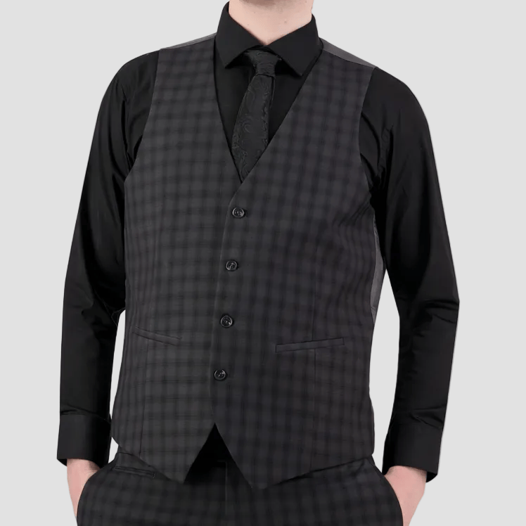 Sophisticated slim‑fit charcoal‑check vest by Bruton, crafted with performance finish and tailored details.